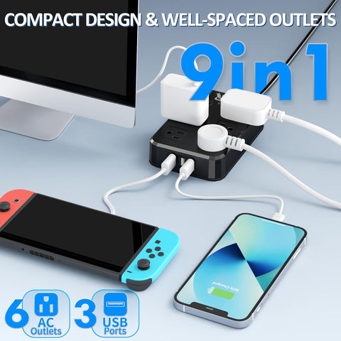 Qiyuan Outdoor Power Strip Weatherproof, 6 Outlet 3 USB 6FT Extension Cord