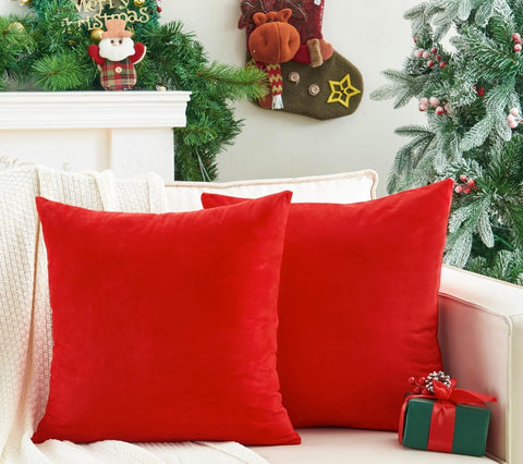Pack of 2 Christmas Red Pillow Covers 16x16 Inch Decorative Throw Pillow Cover, Velvet Pillowcases for Couch Sofa Bed, Home Boho Decor, Modern Soft Cushion Covers
