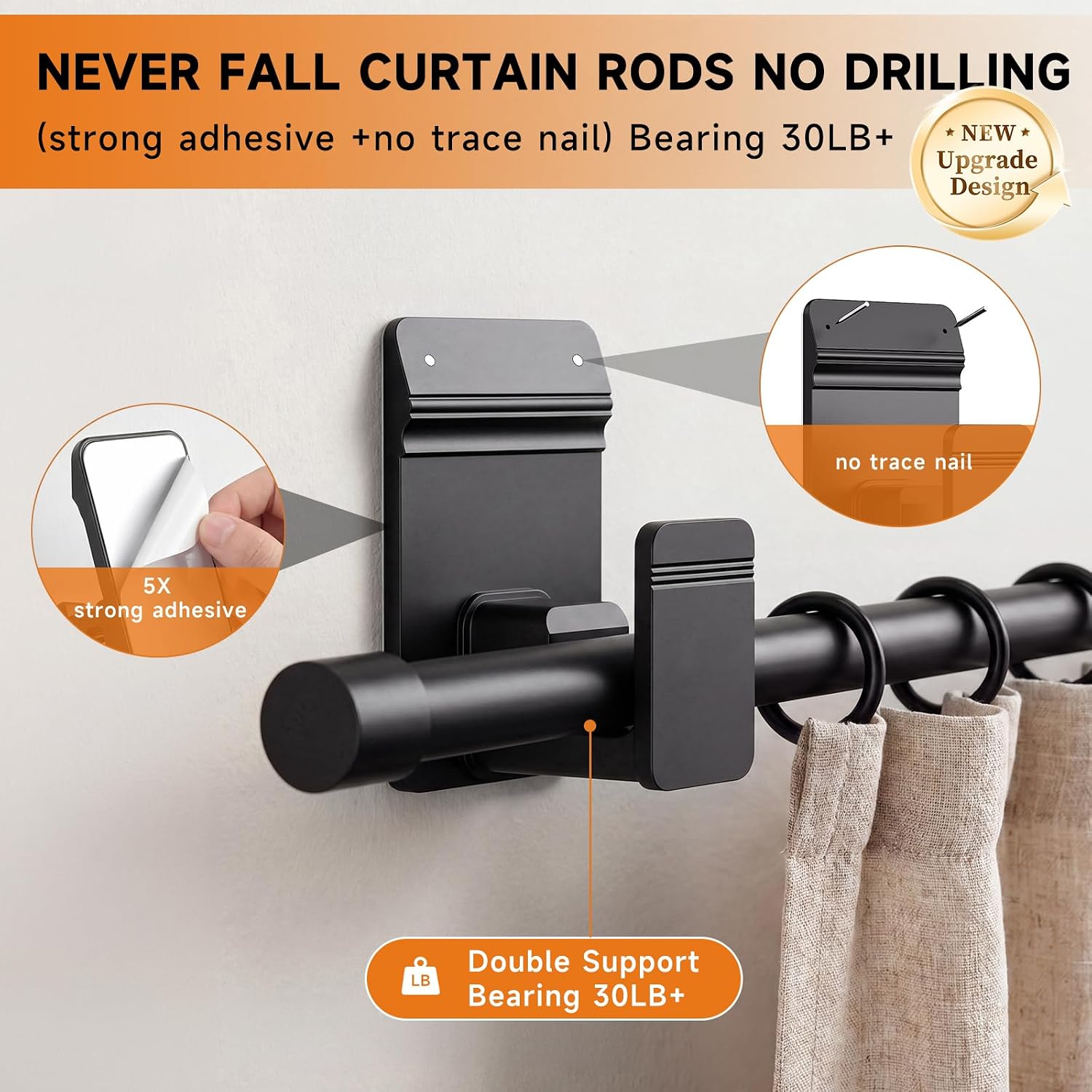 No Drill Curtain Rods for Windows 30 to 45 Inches,【Upgrade Dual Support】 Adhesive & Invisible Nail 5/8 Inch Curtain Rod No Drilling, Renter Friendly for Apartments Dorms, Black