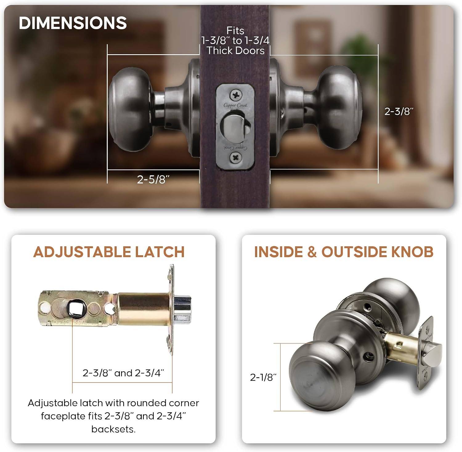 Copper Creek Colonial Passage Interior Door Knob – ANSI Grade-3 Certified, Modern Heavy Duty Handle, Easy Install and Reversible for Bedroom, Bathroom and Closets – Antique Nickel (1 Pack)