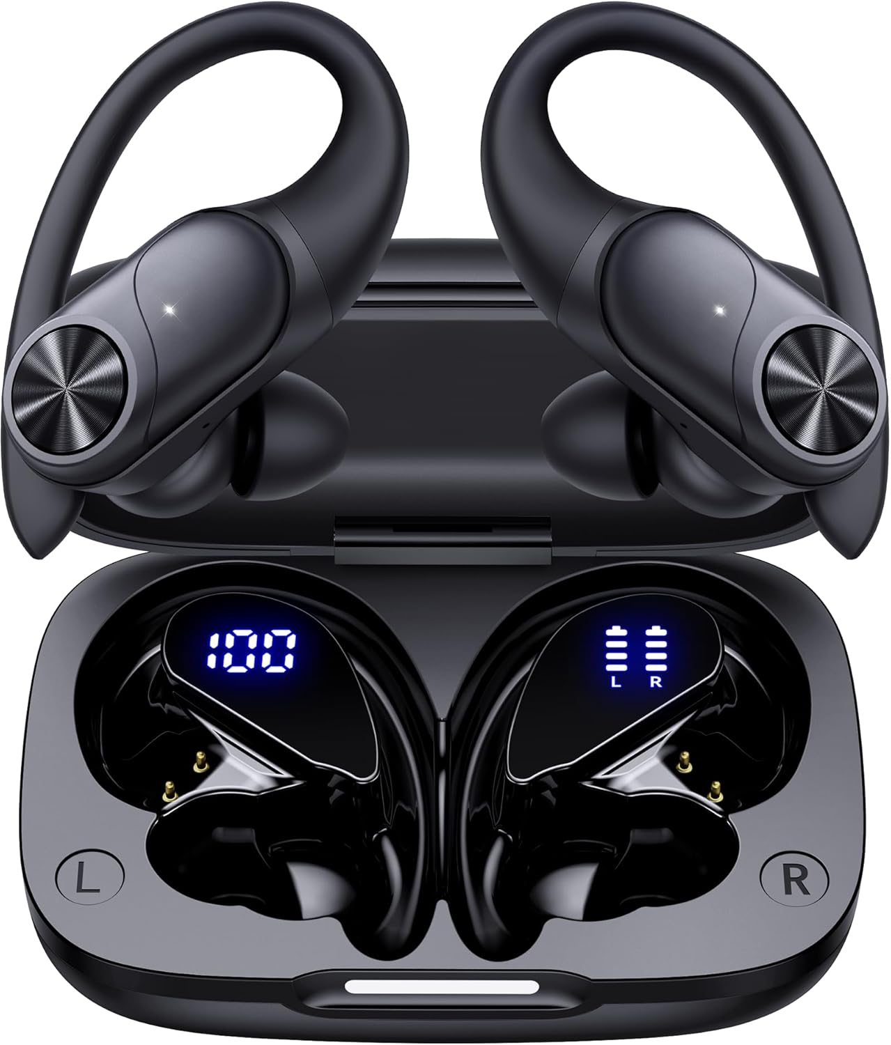 PocBuds Bluetooth Headphones Wireless Earbuds 80hrs Playtime Wireless Charging Case Digital Display Sports Ear Buds with Earhook Deep Bass IPX7 Waterproof Over-Ear Earphones for TV Phone Laptop Black