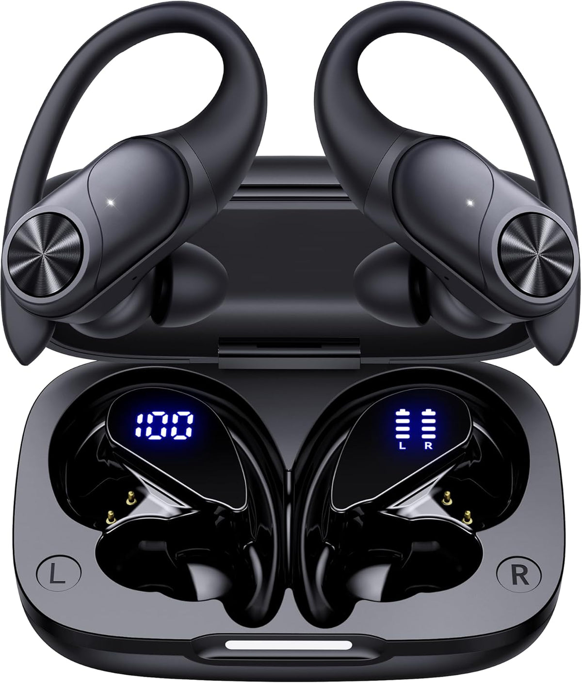 PocBuds Bluetooth Headphones Wireless Earbuds 80hrs Playtime Wireless Charging Case Digital Display Sports Ear Buds with Earhook Deep Bass IPX7 Waterproof Over-Ear Earphones for TV Phone Laptop Black