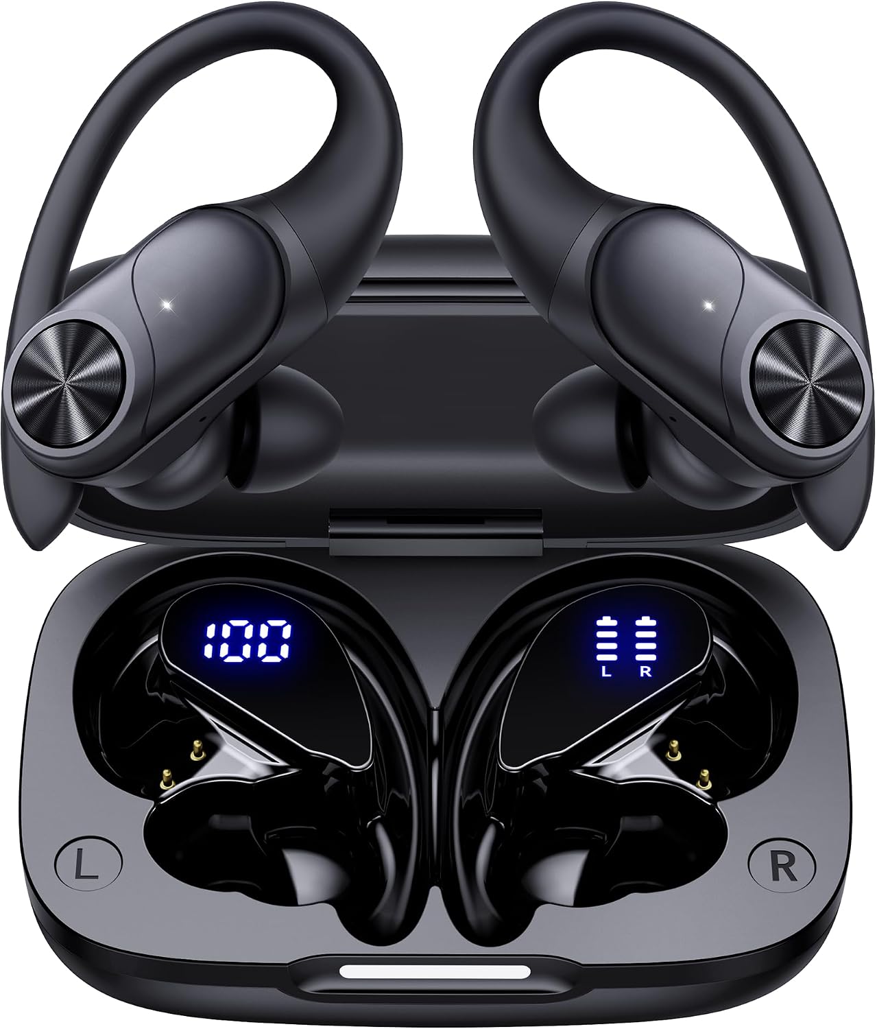 PocBuds Bluetooth Headphones Wireless Earbuds 80hrs Playtime Wireless Charging Case Digital Display Sports Ear Buds with Earhook Deep Bass IPX7 Waterproof Over-Ear Earphones for TV Phone Laptop Black