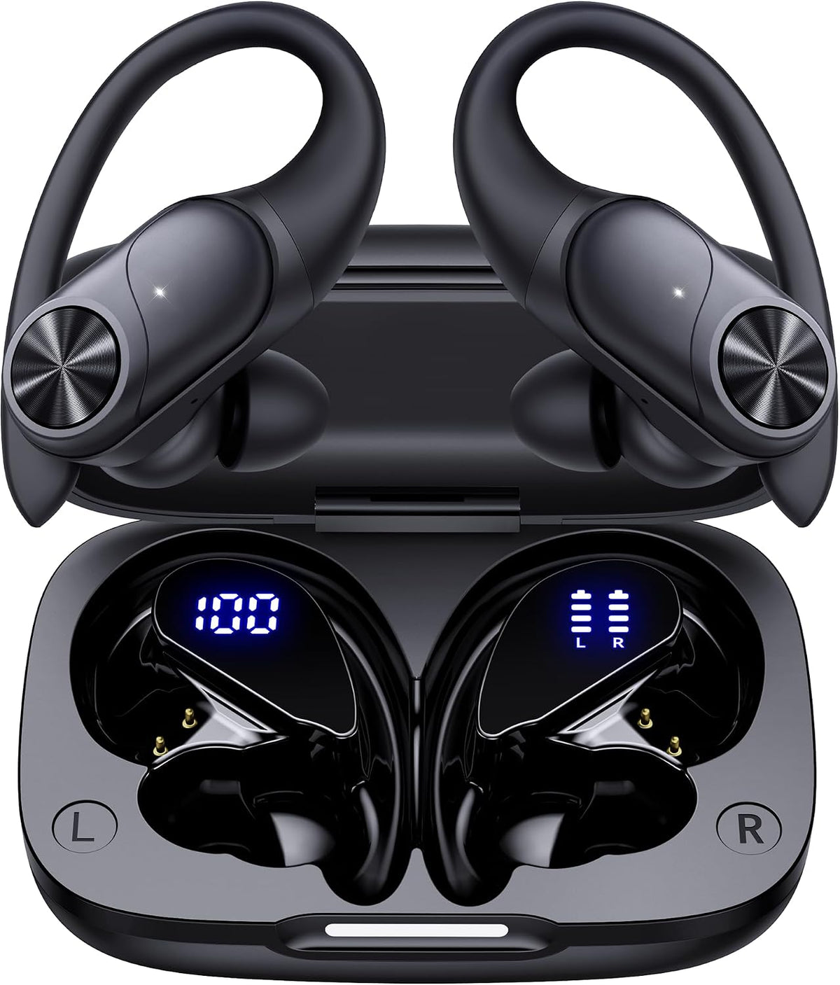 PocBuds Bluetooth Headphones Wireless Earbuds 80hrs Playtime Wireless Charging Case Digital Display Sports Ear Buds with Earhook Deep Bass IPX7 Waterproof Over-Ear Earphones for TV Phone Laptop Black