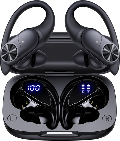 PocBuds Bluetooth Headphones Wireless Earbuds 80hrs Playtime Wireless Charging Case Digital Display Sports Ear Buds with Earhook Deep Bass IPX7 Waterproof Over-Ear Earphones for TV Phone Laptop Black