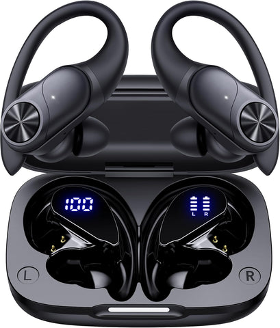 PocBuds Bluetooth Headphones Wireless Earbuds 80hrs Playtime Wireless Charging Case Digital Display Sports Ear Buds with Earhook Deep Bass IPX7 Waterproof Over-Ear Earphones for TV Phone Laptop Black