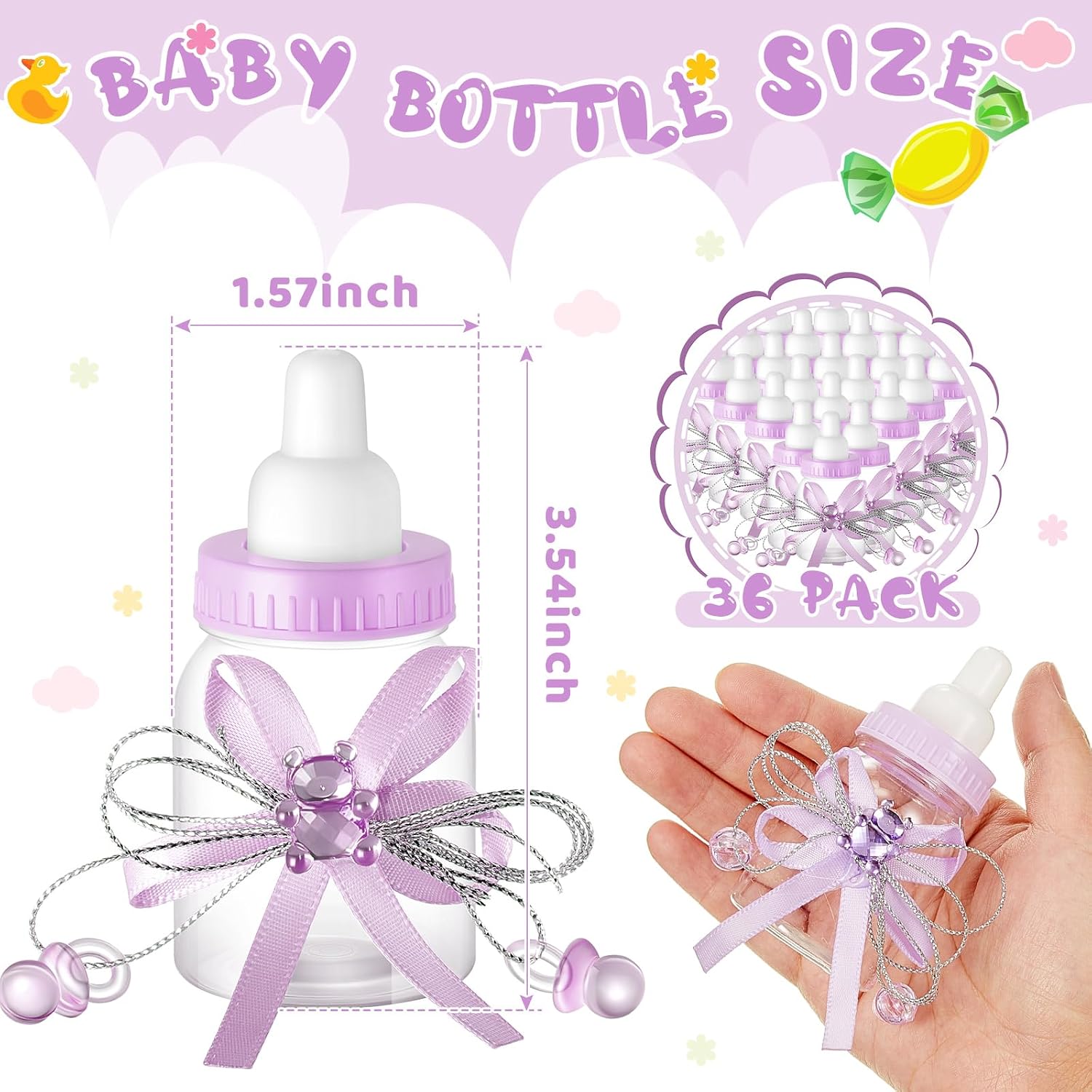 Nuenen 48 Pcs Baby Shower Milk Bottles with Ribbon Plastic Bear Candy Bottles Baby Shower Favors Gender Reveal Wedding Birthday Party Decorations (Purple)