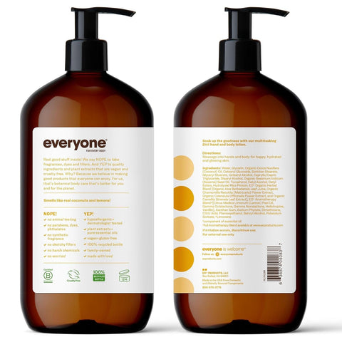 Everyone 2-in-1 Lotion for Hands/Body, 32 ounce (Pack of 1) Coconut and Lemon made with Essential Oils for Men and Women