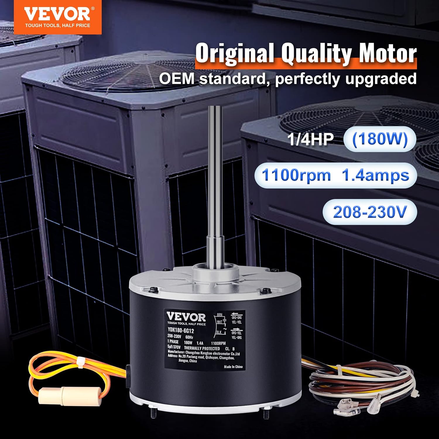 VEVOR OEM Upgraded Condenser Fan Motor, 1/4 HP 1100RPM, Replacement for ac GE Genteq Carrier Bryant Payne Dayton, 5KCP39EGS070S, 5KCP39EGY823S, 3905, HC39GE237, 6DLL0, Reversible Rotating + Capacitor