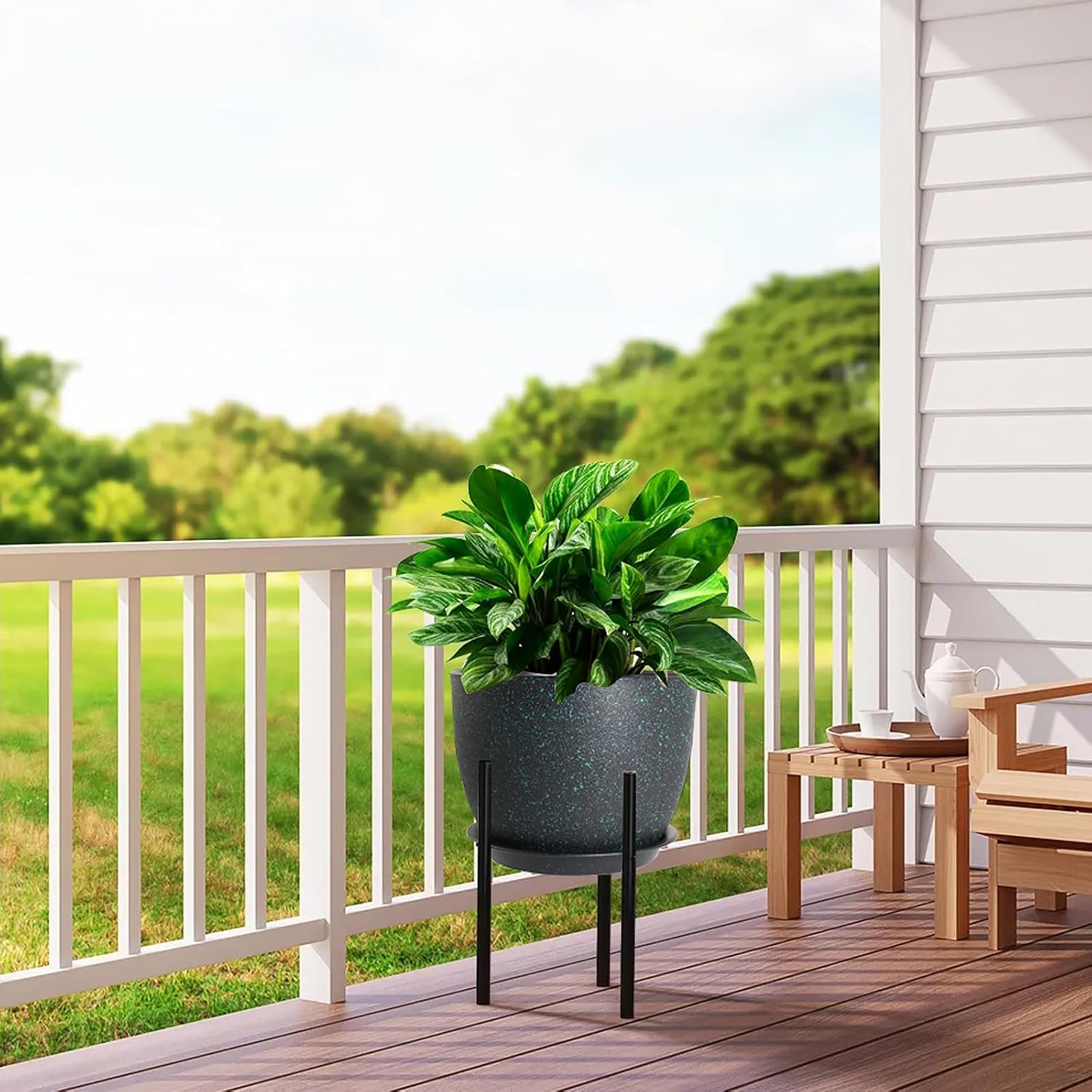 UOUZ 12inch Large Plant Pot, Modern Plastic Planter with High Driange Holes and Saucer for Indoor Outdoor Garden Plants and Flowers, Black with Green Speckles