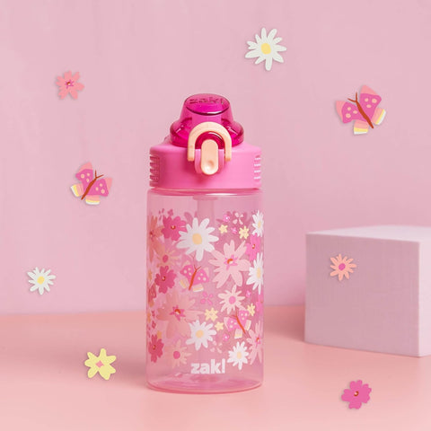 Zak Designs Flower Sage 16oz Leak-Proof Straw Kids Water Bottle, Plastic