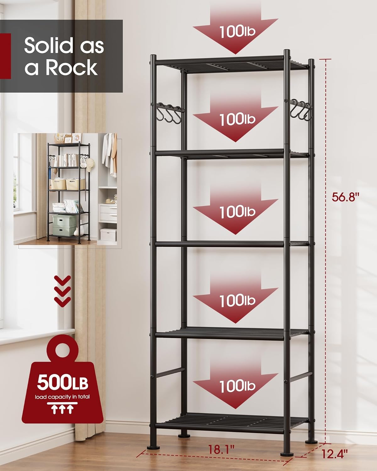 Sakugi 5-Tier Storage Rack Organizer with Hooks, Heavy Duty Metal Garage Rack with Leveling Feet, Freestanding Utility Rack for Bedroom, Balcony and Garage, 18.1"×12.4"×56.8", Black