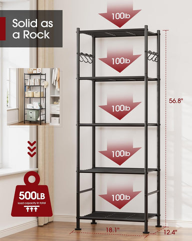 Sakugi 5-Tier Storage Rack Organizer with Hooks, Heavy Duty Metal Garage Rack with Leveling Feet, Freestanding Utility Rack for Bedroom, Balcony and Garage, 18.1"×12.4"×56.8", Black