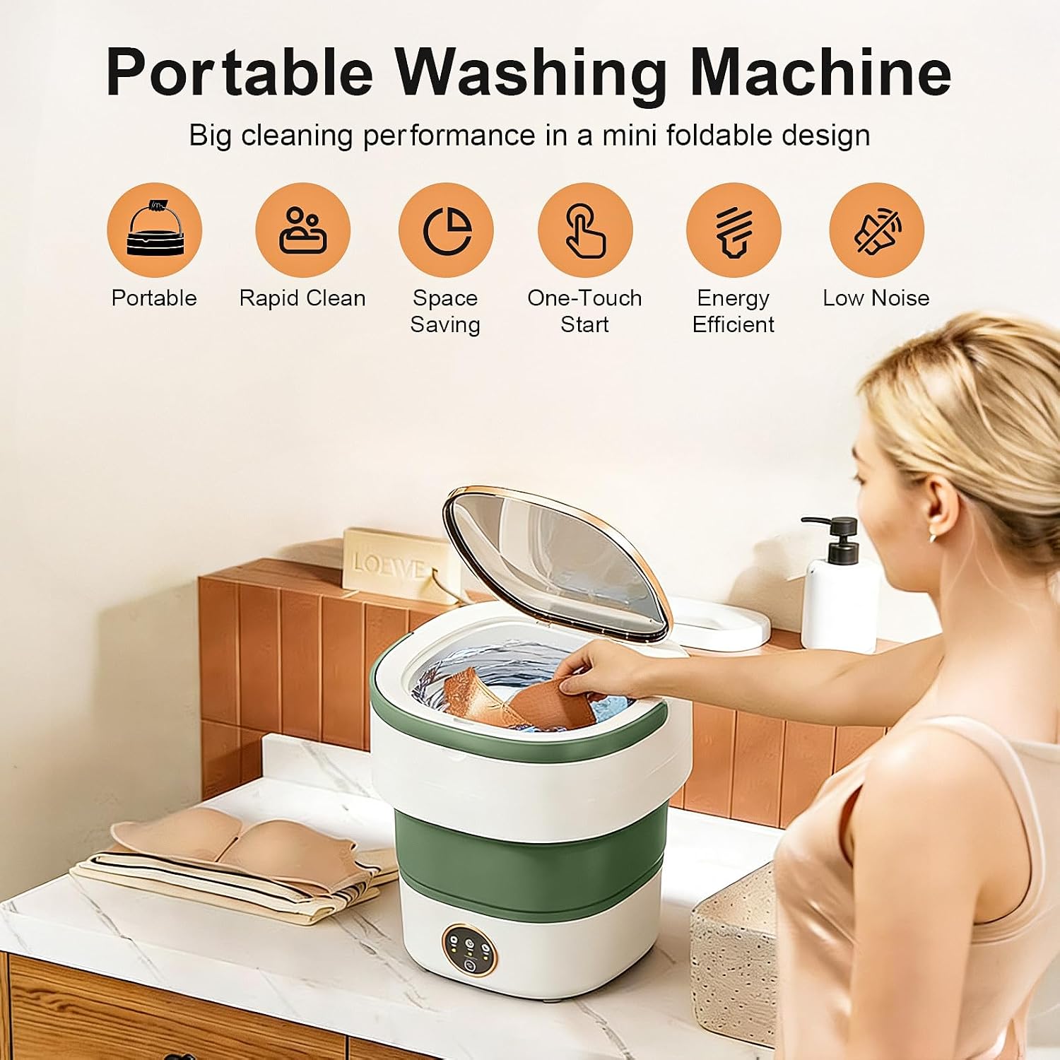 Portable Washing Machine - 22L Mini Foldable Washer with Spin Basket, Green