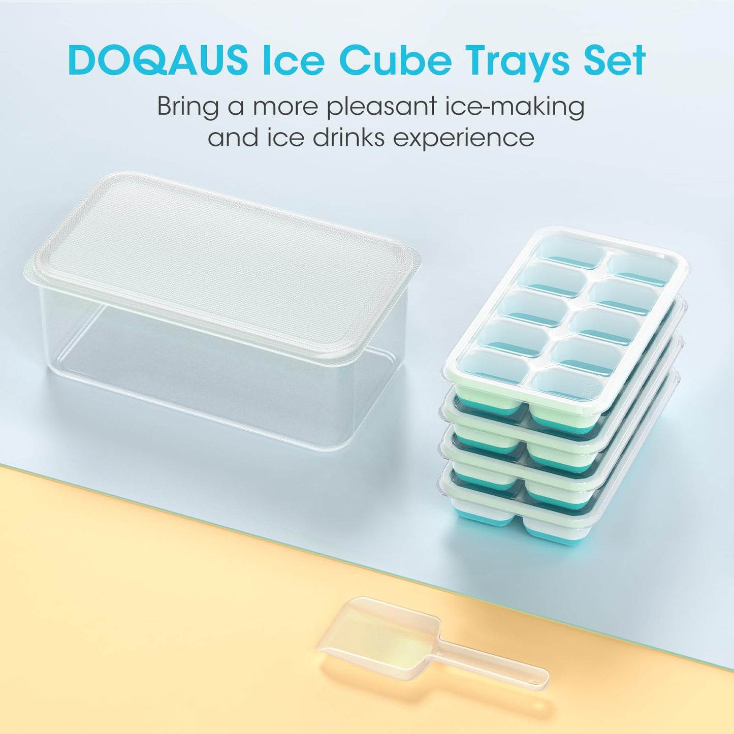 DOQAUS Ice Cube Tray with Lid and Bin, 4 Pack Silicone Plastic Ice Cube Trays for Freezer with Ice Box, Ice Trays with Ice Container, Stackable Ice Tray with Storage Ice Bucket Kits, Ice Scoop