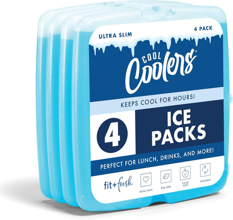 Cool Coolers by Fit & Fresh Slim Ice Packs, Quick Freeze Reusable Ice Packs for Lunch Boxes & Coolers, Long-Lasting, Space Saving Lunch Ice Packs, Blue, 4Pk