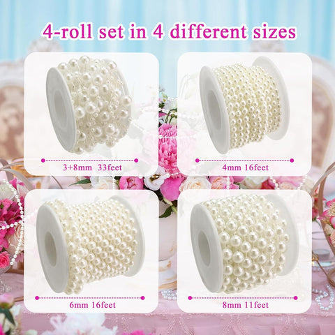 4 Rolls 76 Feet Pearls String Garland, Faux Pearl Beads Roll Strand for Crafts, Artificial Pearls Chain Trim for Wedding Party Flower Valentine Christmas Decoration, 4mm 6mm 8mm 8+3mm, Ivory