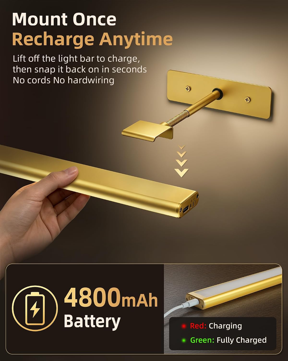 EZVALO Picture Light for Wall, 4800mAh Rechargeable Wireless Remote, 16‘’ Dimmable Magnetic LED Art Display Light with 3 Color Temperatures, for Gallery, Living Room, Bedroom, Hallway (Gold)