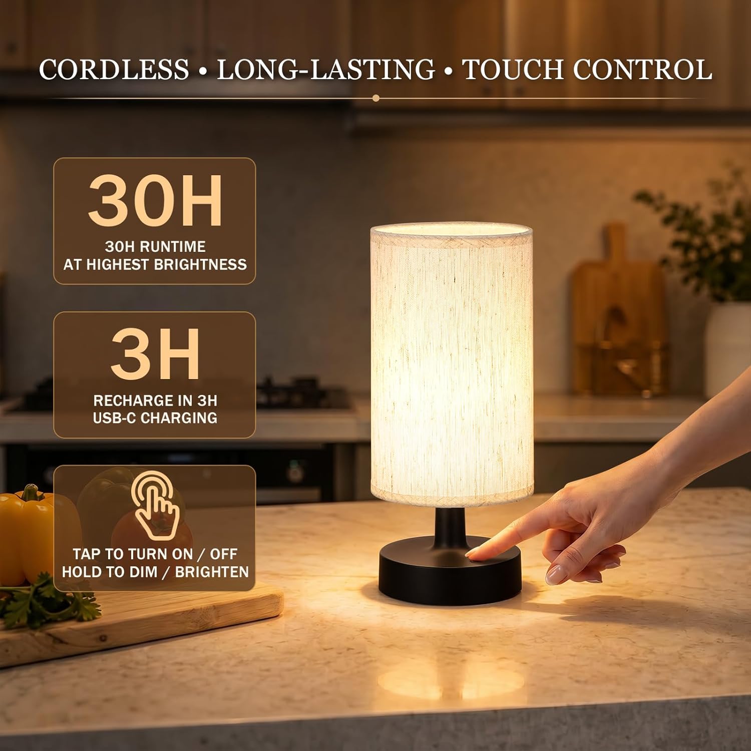 Small Cordless Table Lamp with 4000mAh Rechargeable Battery, Black, 1 Pack