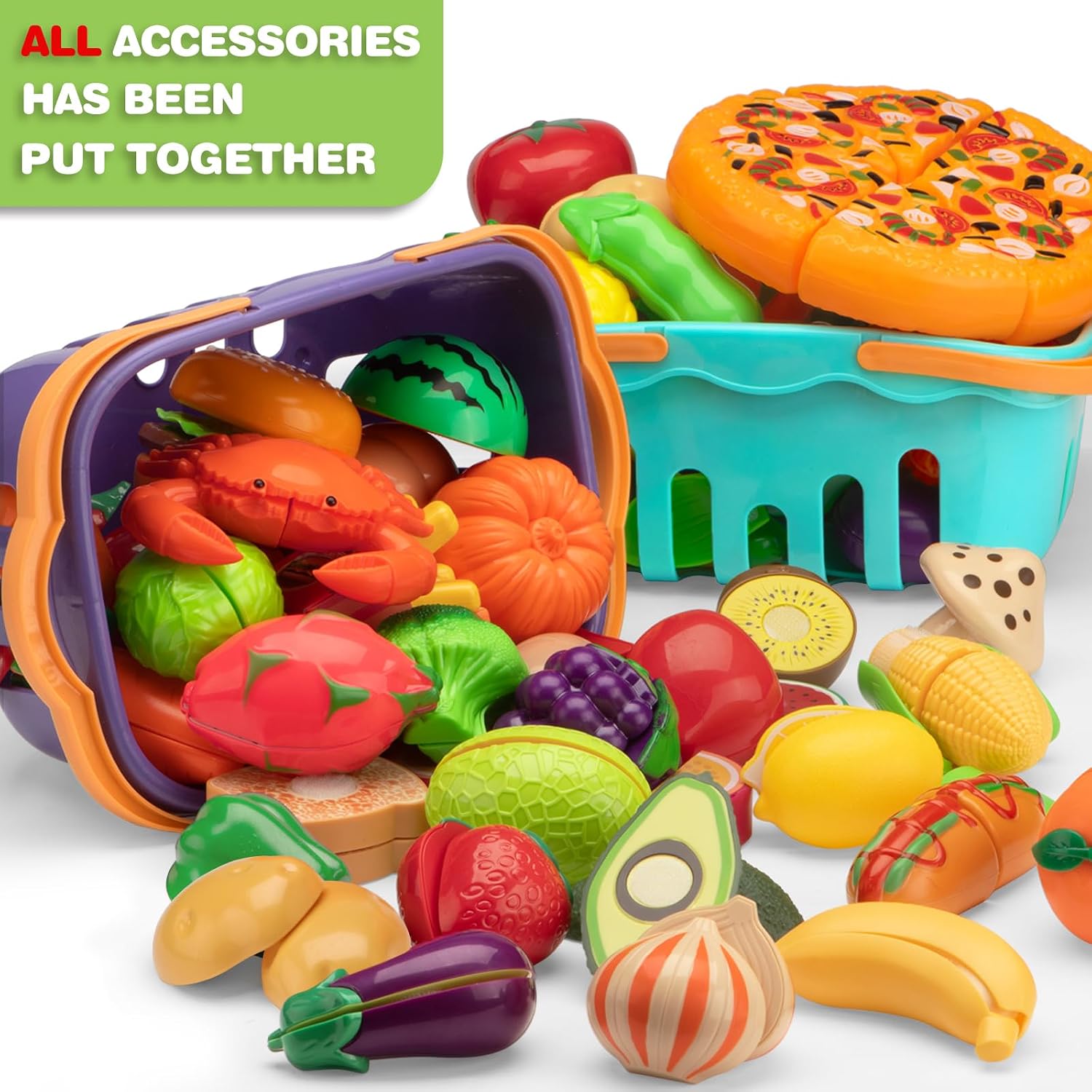 115 Pcs Cutting Play Food Toy for Kids with 2 Colors Storage Baskets