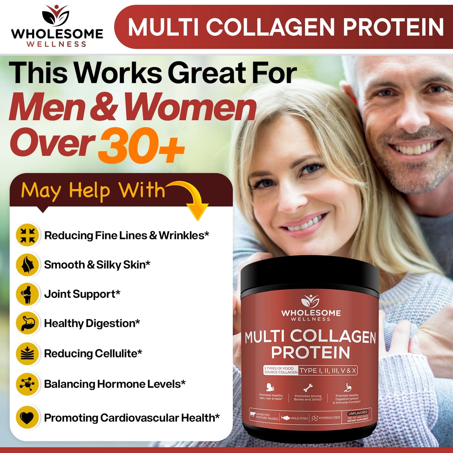 Multi Collagen Protein Powder Hydrolyzed (Type I II III V X) Grass-Fed All-in-One Super Bone Broth + Collagen Peptides - Premium Blend of Grass-Fed Beef, Chicken, Wild Fish, Eggshell Collagen