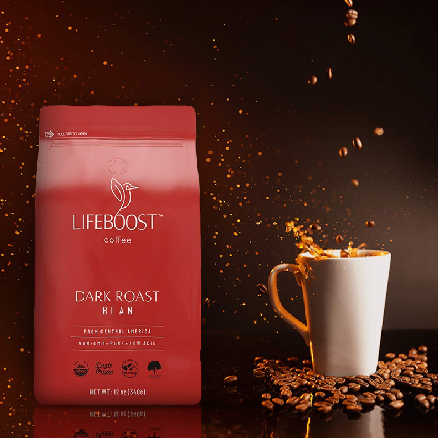 Lifeboost Dark Roast Low Acid Coffee Beans, Organic, 12oz, 3 Pack