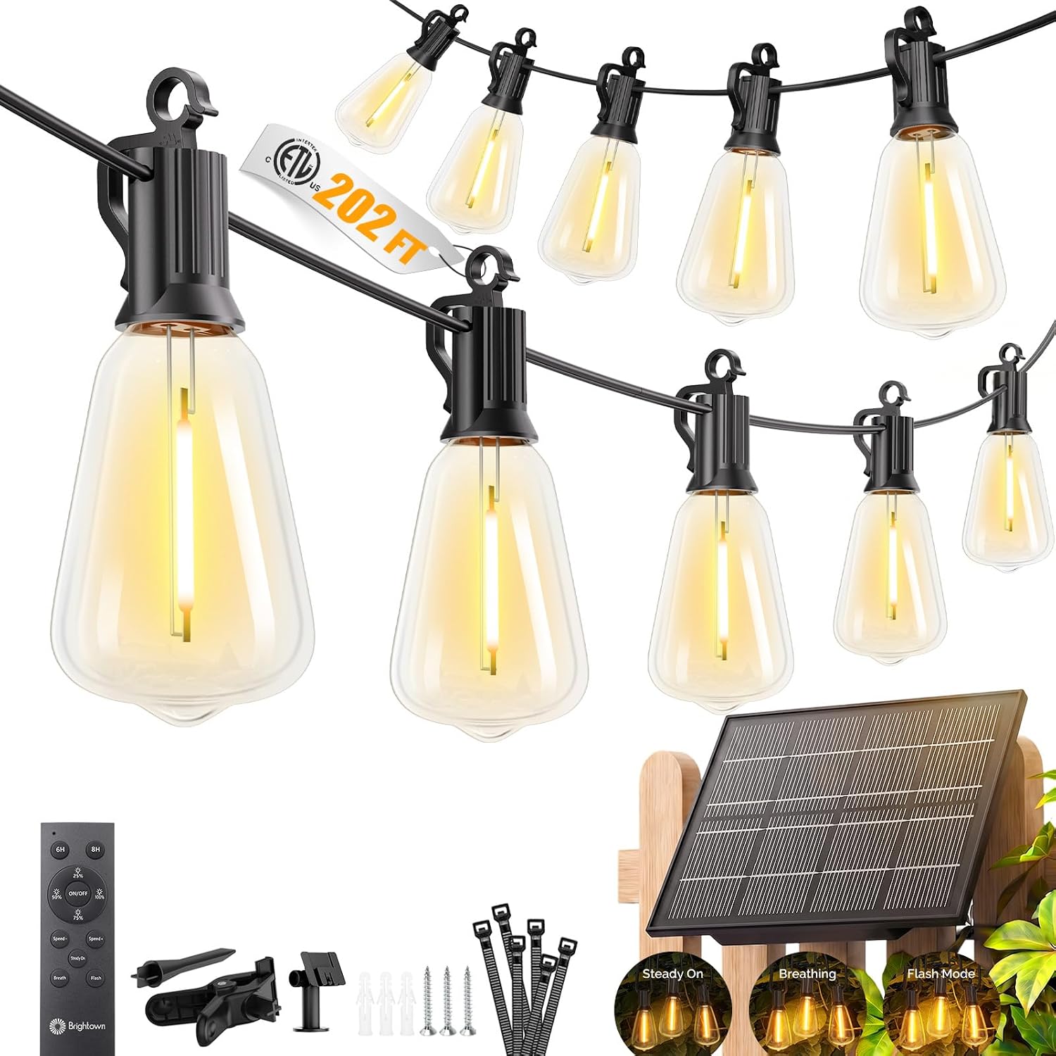 Brightown 202FT Solar String Lights Outdoor Waterproof, 26Hrs Runtime