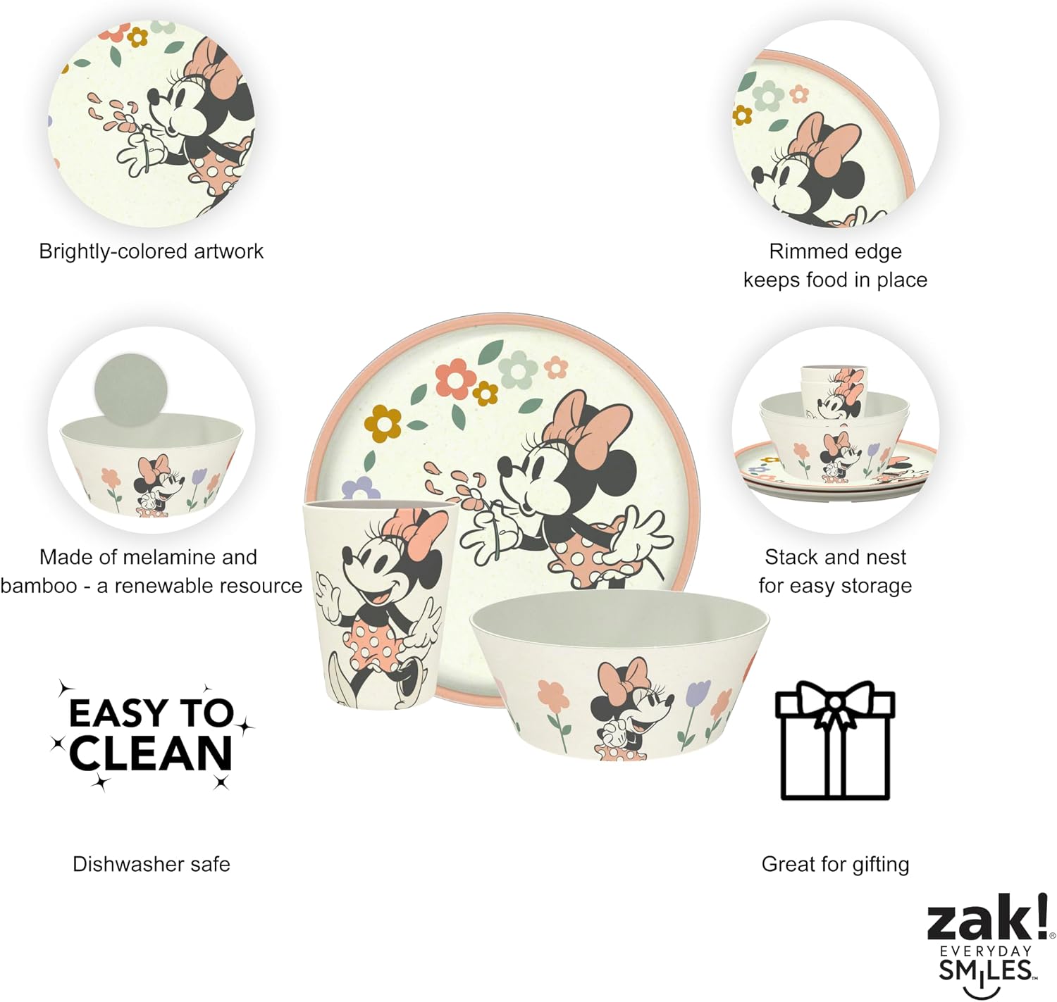 Zak Designs Minnie Mouse Kids Dinnerware Plate, Bowl & Tumbler, 3-Piece Set