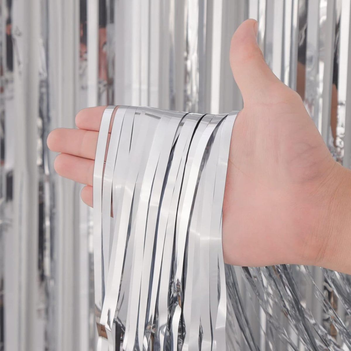 Voircoloria 2 Pack Silver Foil Fringe Backdrop Curtains, 3.3x8.2 Ft
