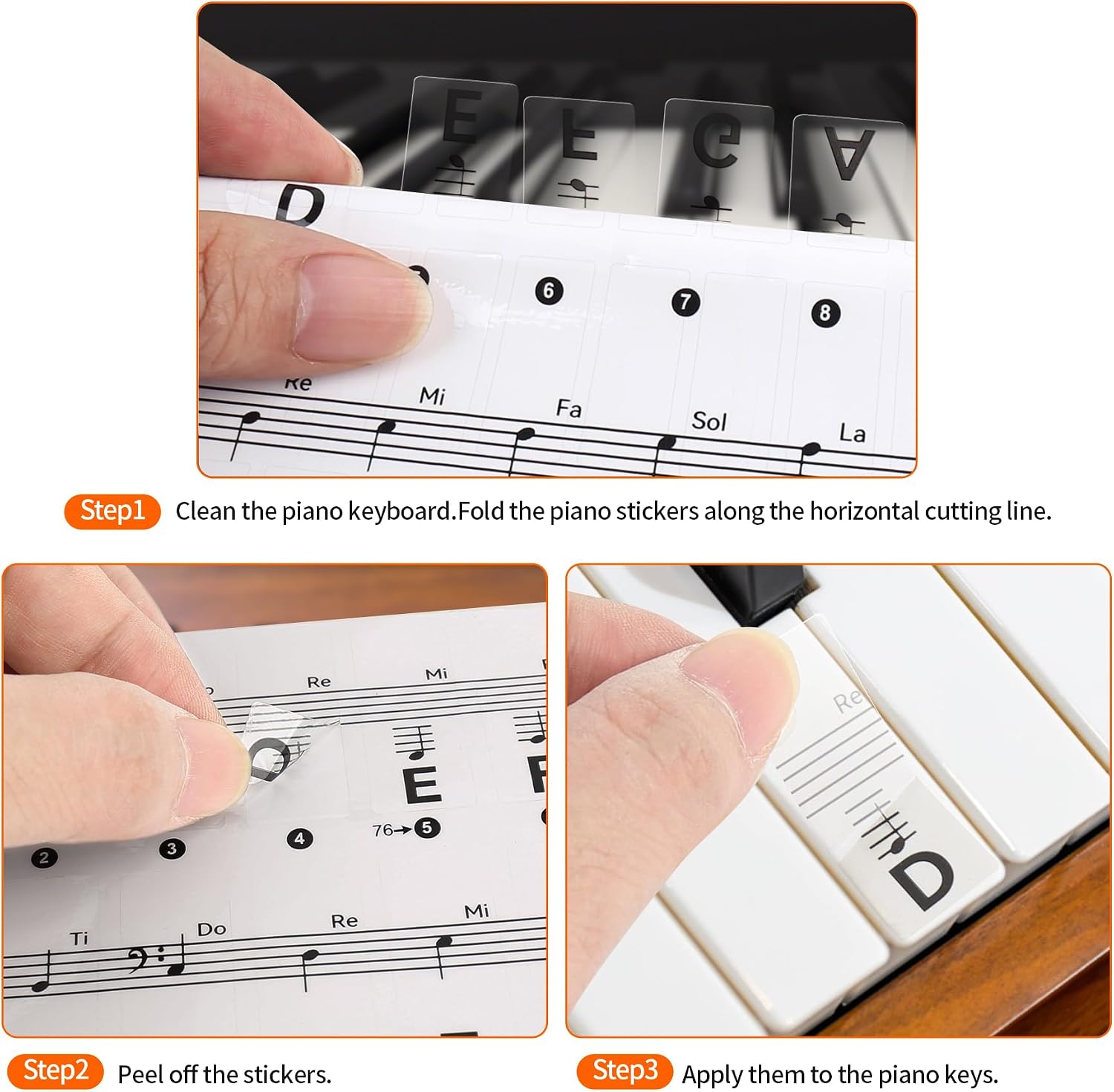2 Sheets Piano Keyboard Stickers for 88/76/61/54/49 Keys, Transparent and Removable Piano Stickers for Beginners and Kids, Keyboard Letters Labels Notes Guide (Black)