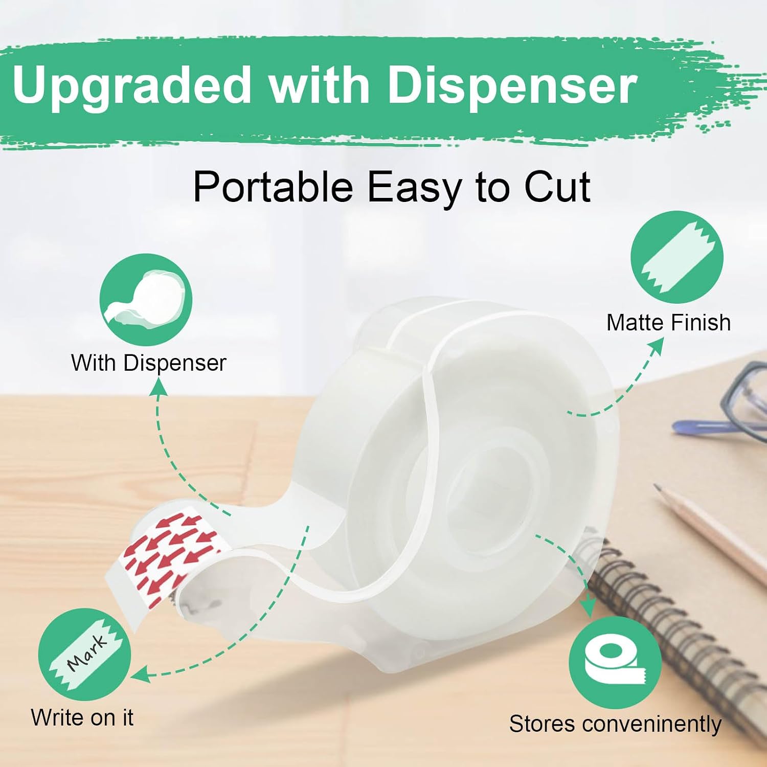 Tape Bulk, Clear Tape, Invisible, Matte Finish, Writable, 3/4 in x 650 in, Transparent Tape, 12 Rolls with Dispensers, Ideal for Gift Wrapping, School Supplies & Office Use