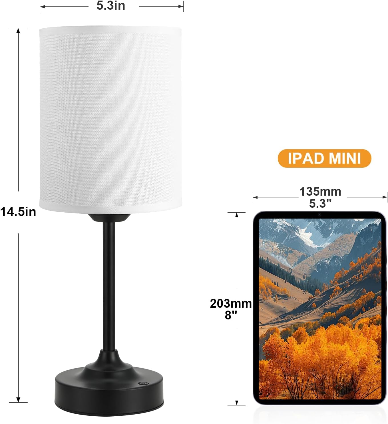 Touch Control Cordlss Table Lamp, USB-C Rechargeable Lamp with Stepless Dimming, 4000mAh Battery Operated Bedside Lamp for Bedroom, Living Room, Night Light & Emergency Lighting, Black, 1 Pack
