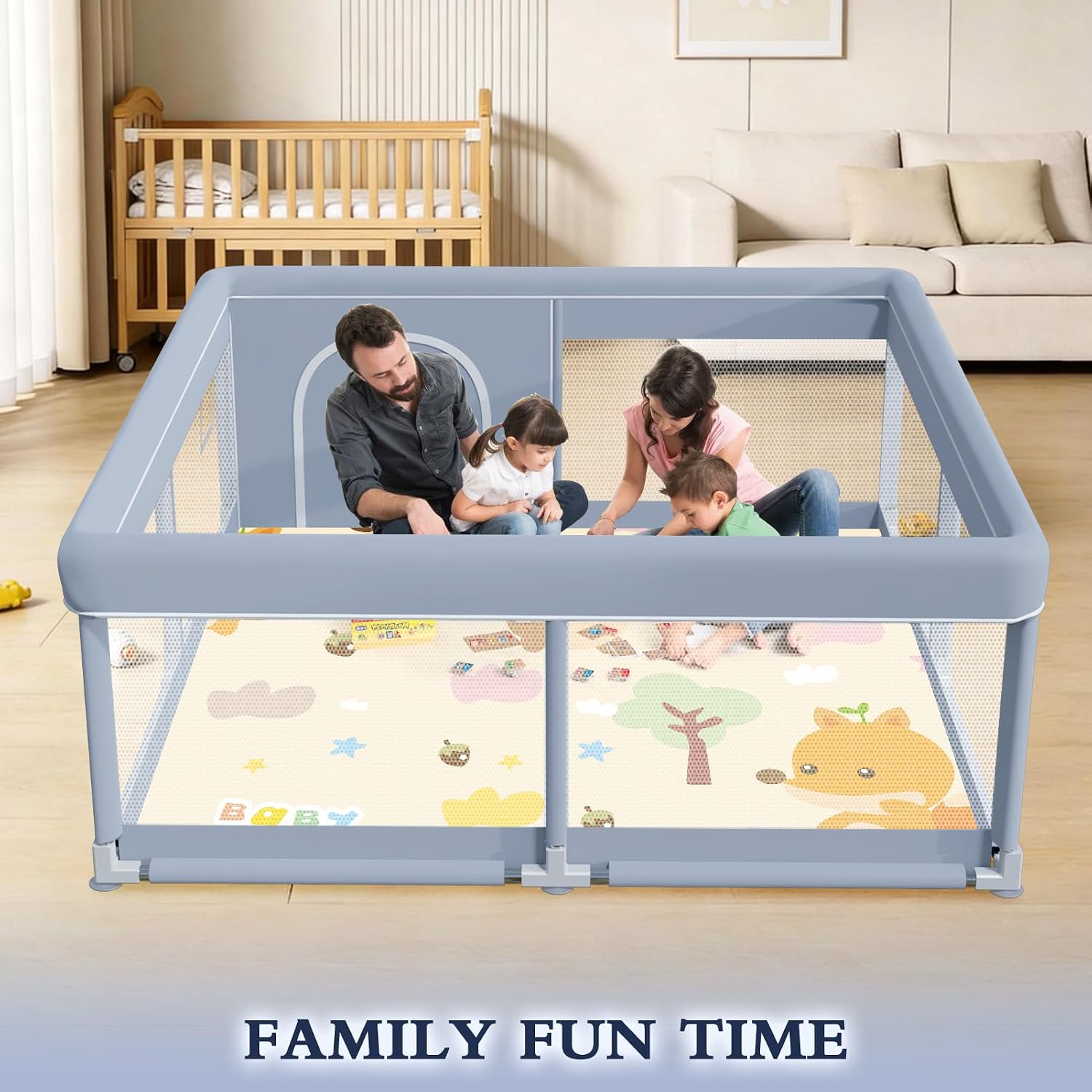 XVISHX 50 x 50 Inch Baby Playpen with Mat, Playpen for Babies and Toddlers, Baby Playard for Indoor & Outdoor Active Center Game Fence, with Skin-Friendly Fabric and Soft Breathable Mesh, Grey