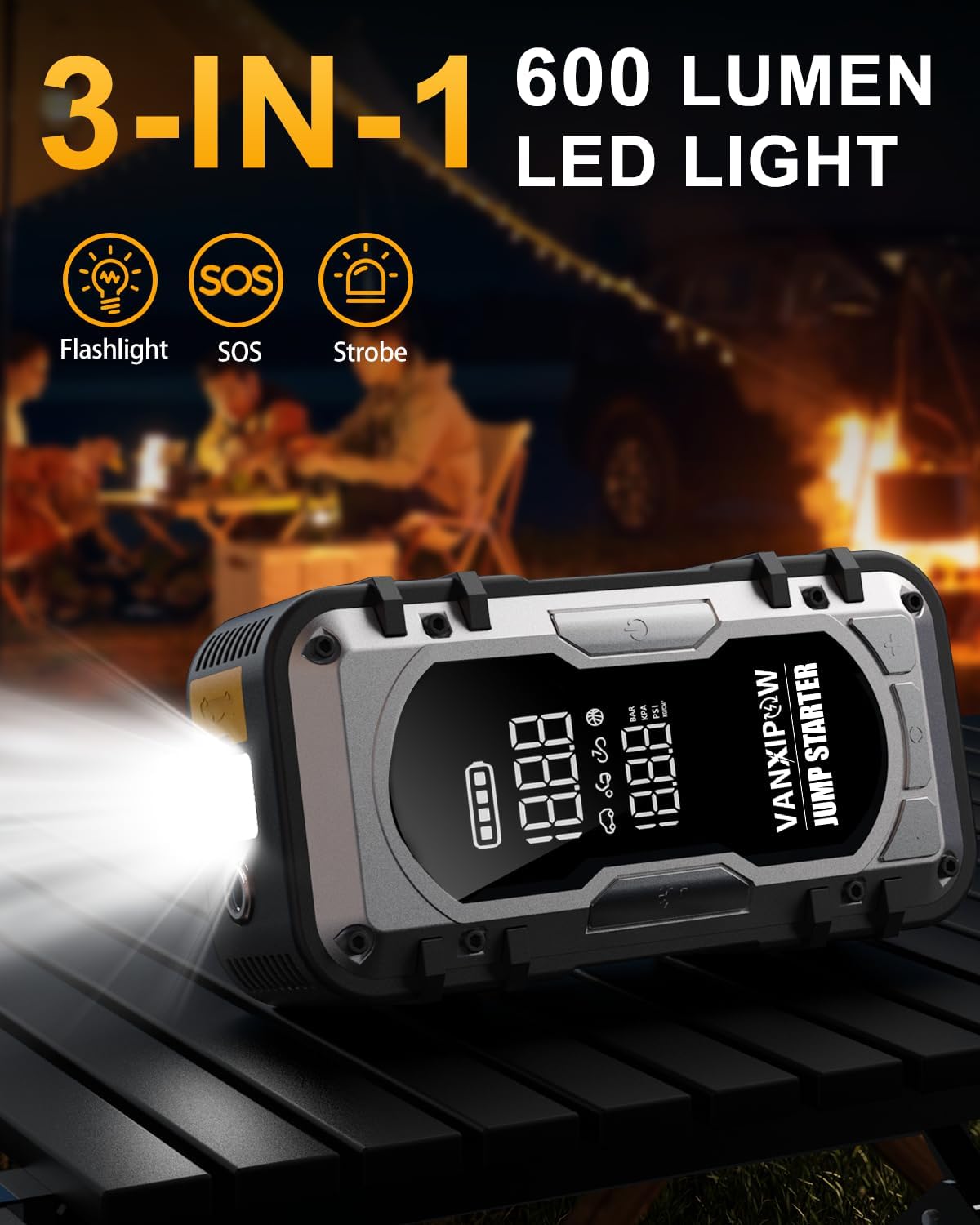 8000A Portable Car Battery Jump Starter with Air Compressor, 150PSI (9.0 L Gas/8.0L Diesel), 12V Jump Box Car Battery with 600 Lm LED Light, with Large LED Display, Power Bank