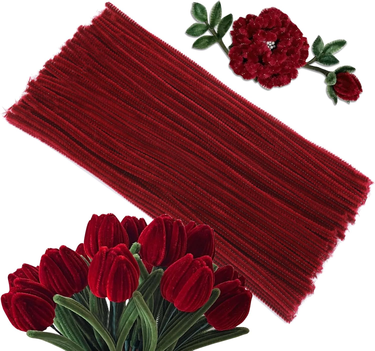 100Pcs Pipe Cleaners, Wine Red Chenille Stems for Flowers Making