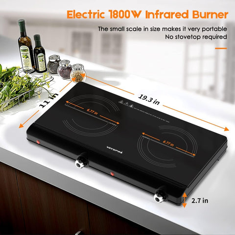 Infrared Double Burner Electric Cooktop, 1800W Portable Electric Stove, 2 Burner Countertop Cooktop for Dorm, Works with Most Cookware