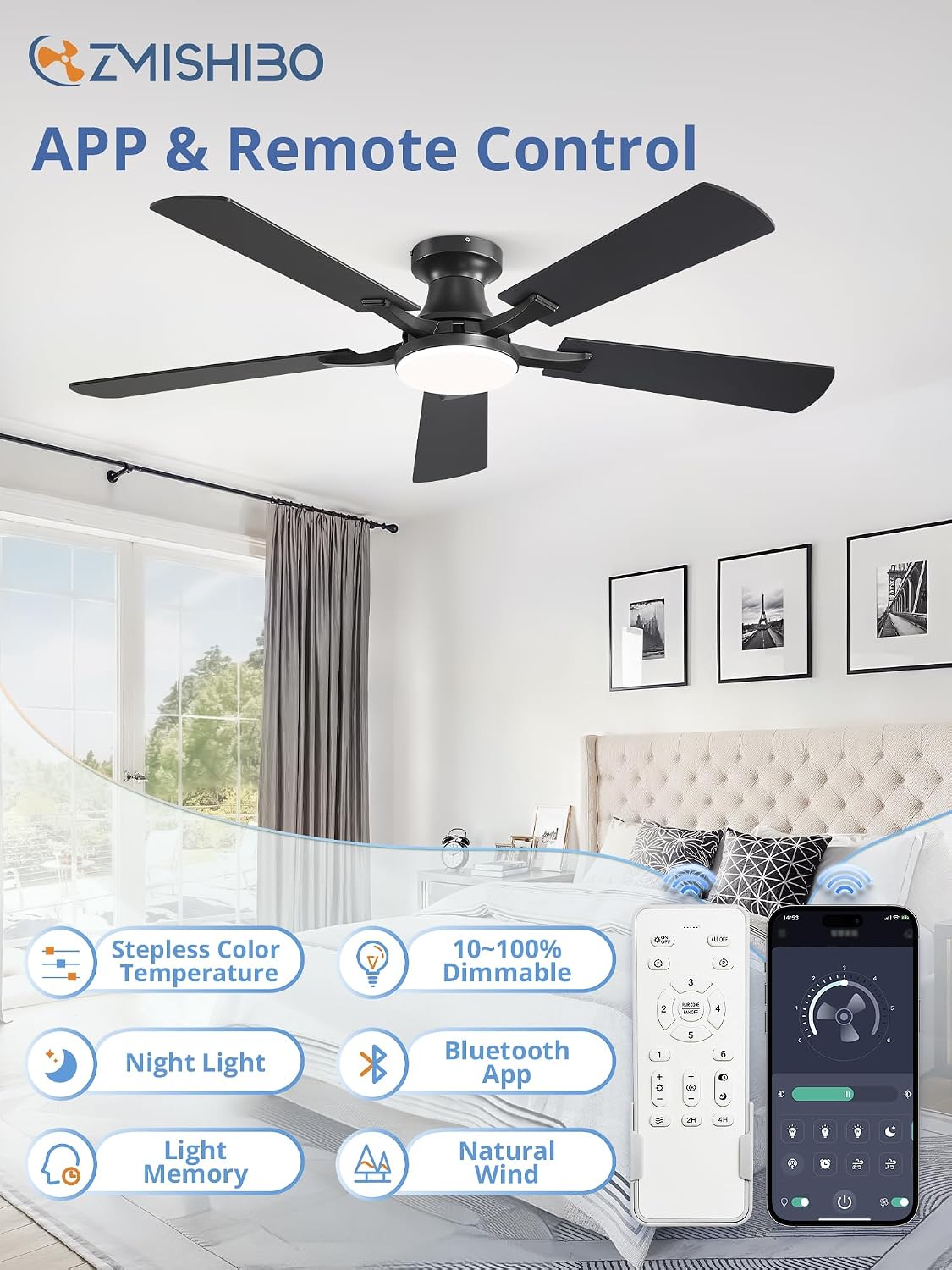 ZMISHIBO 52 Inch Ceiling Fans with Lights, Remote&App Control, Flush Mount