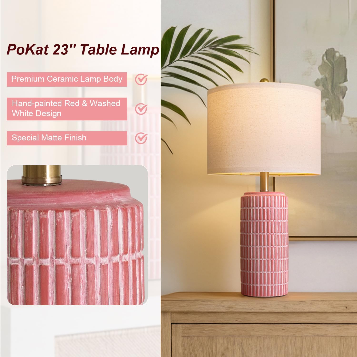 PoKat 23" Ceramic Table Lamps for Living Room, Farmhouse Bedside Lamps Set of 2 for Bedroom, Rustic Nightstand Lamps for Office Sideboard Entryway Hallway Decor Gifts (Matte Red)