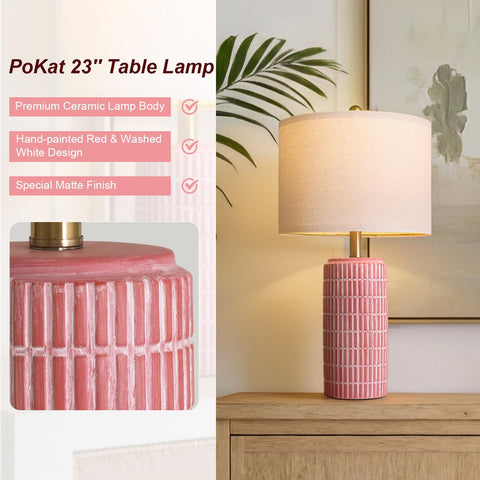 PoKat 23" Ceramic Table Lamps for Living Room, Farmhouse Bedside Lamps Set of 2 for Bedroom, Rustic Nightstand Lamps for Office Sideboard Entryway Hallway Decor Gifts (Matte Red)