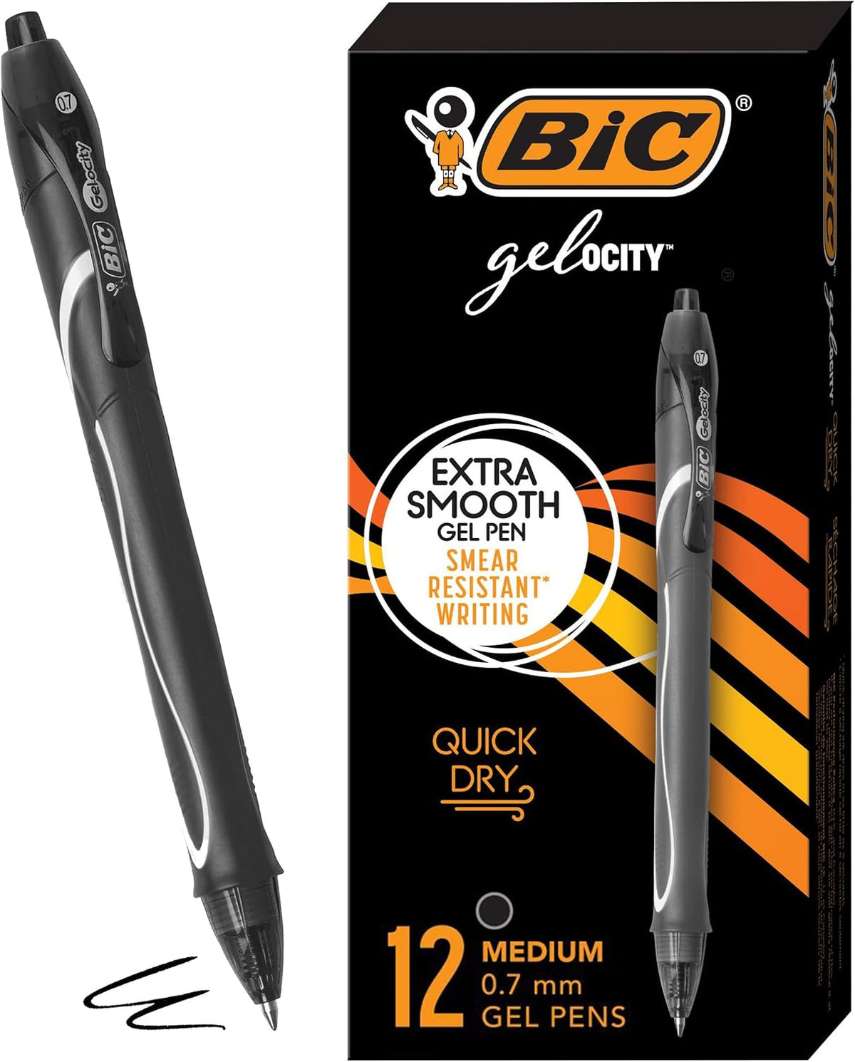BIC Gelocity Quick Dry Black Gel Pens, Medium Point, 0.7 mm, 12-Count