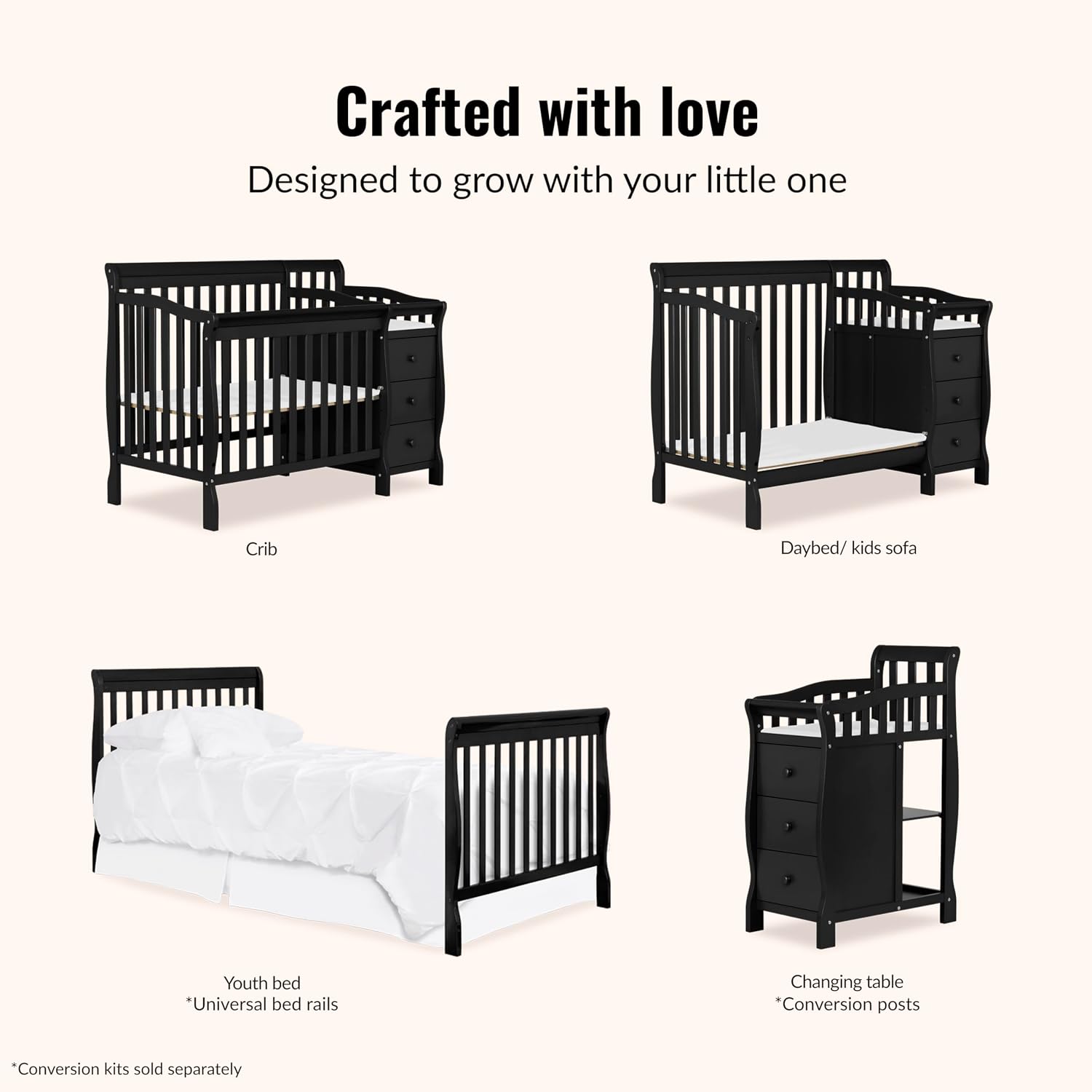 Dream On Me Jayden 4-in-1 Convertible Mini Baby Crib with 3 Drawer Changer