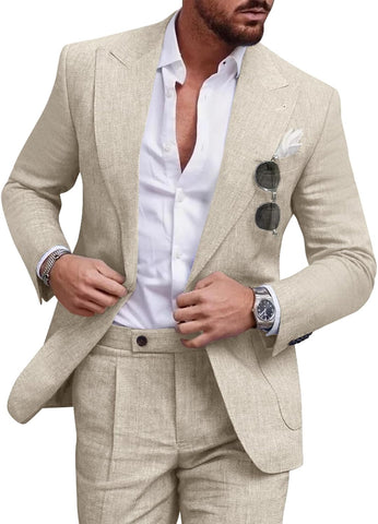Linen Men's Suits Formal Tuxedo 2 Piece Slim Fit Beach Wedding Suit