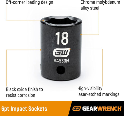 GEARWRENCH 19 Pc. 1/2" Drive 6 Pt. Standard Impact Socket Set, SAE - 84932N