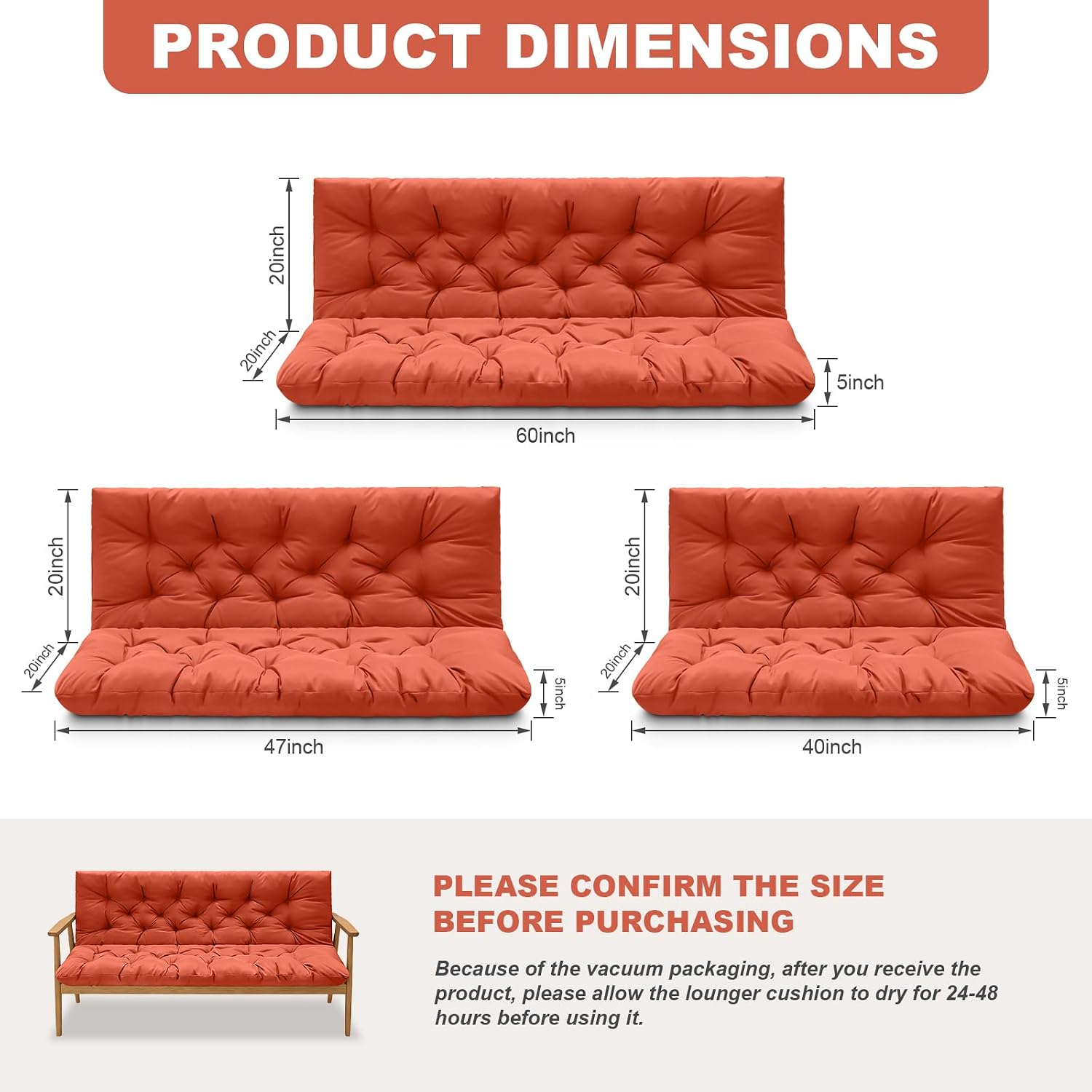 Porch Swing Cushions,Outdoor Cushions 3 Seater Replacement with Backrest, Waterproof Thickened Bench Cushion with Ties for Porch, Patio,Outdoor, Backyard and Garden (Orange 40 * 40 in)