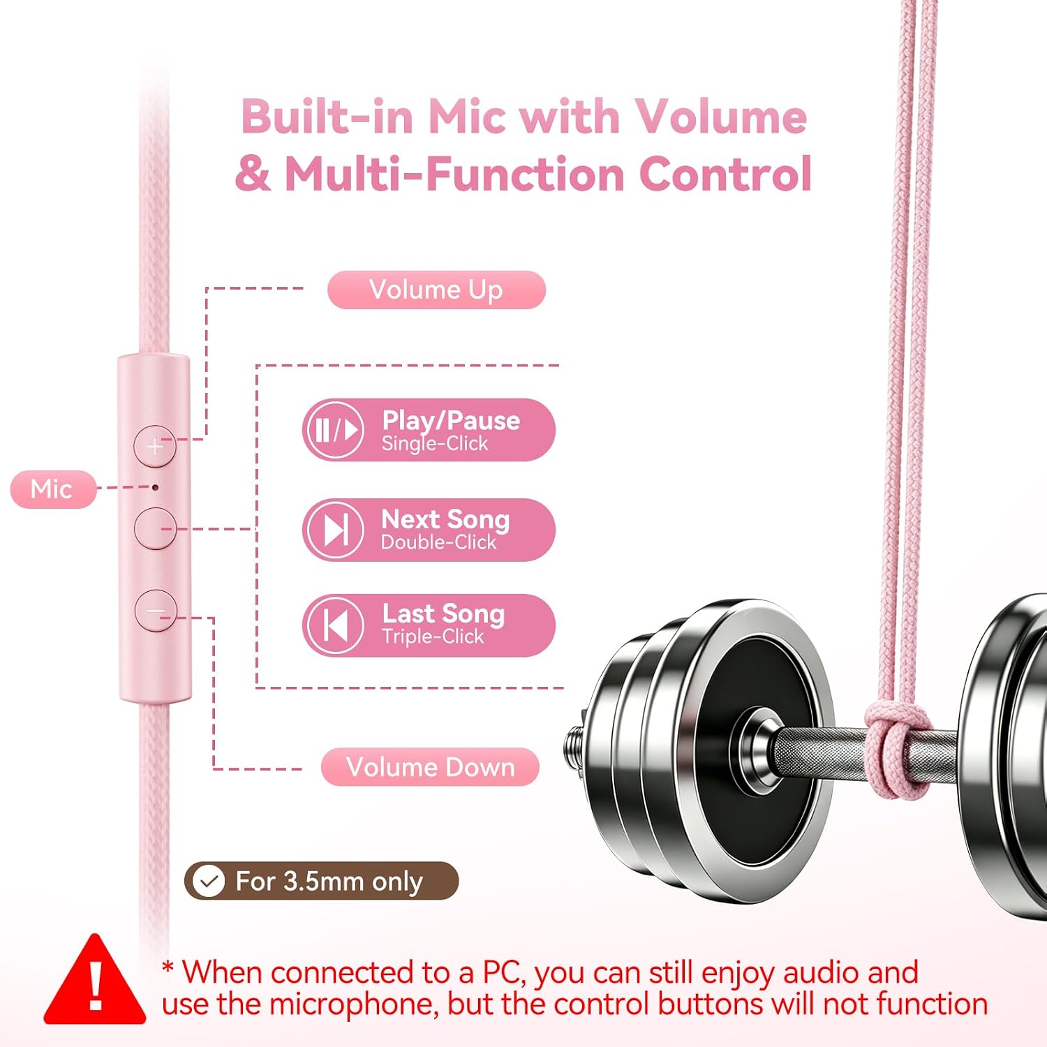 Wired Headphones with Mic, Over-Ear 3.5mm Corded Headphone for School Pink