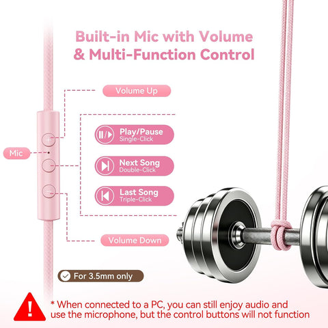 Wired Headphones with Mic, Over-Ear 3.5mm Corded Headphone for School Pink