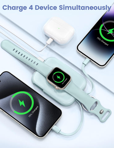 RORRY Portable Charger, 5000mAh Portable Charger Power Bank with Built-in Cables, Travel Keychain Battery Pack for Apple Watch Ultra 2/9/8/Ultra/7/6/SE/5, iPhone 16/15/14/13/12, Blue