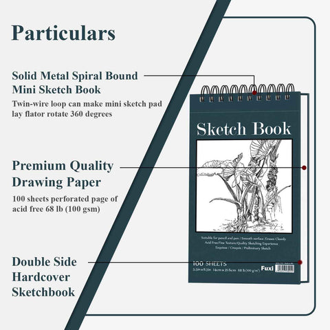 Fuxi Small Sketch Book, Spiral-Bound Sketchbook 5.5 x 8.5 2-Pack 200 Sheets