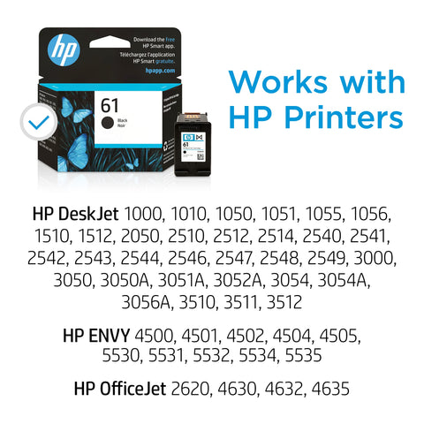 HP 61 Black Ink Cartridge | Works with DeskJet 1000, 1010, 1050, 1510, 2050, 2510, 2540, 3000, 3050, 3510; ENVY 4500, 5530; OfficeJet 2620, 4630 Series | Eligible for Instant Ink | CH561WN