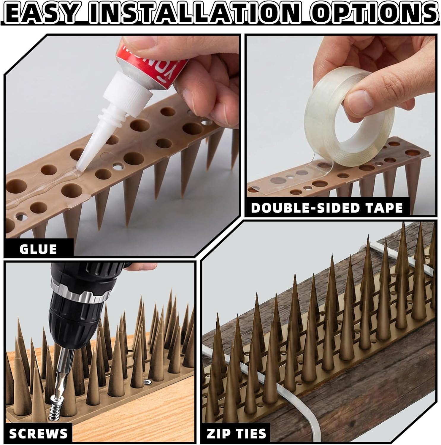 Bird Spikes, 6 Pack, 8.4 FT Total Coverage, Outdoor Bird Deterrent, Brown